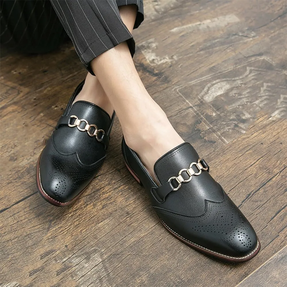 Slip On Pointed Toe Leather Loafer Oxford Formal Shoes for Men Low Top Block Heel Anti-Slip Outdoor