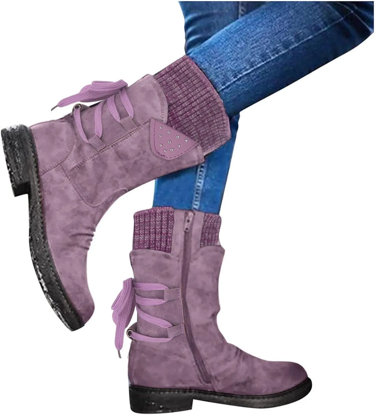 Snow Boots for Women Mid Calf Boots for Women Women Fashion Casual Vintage Retro Lace Up Thick Block Heels Shoes