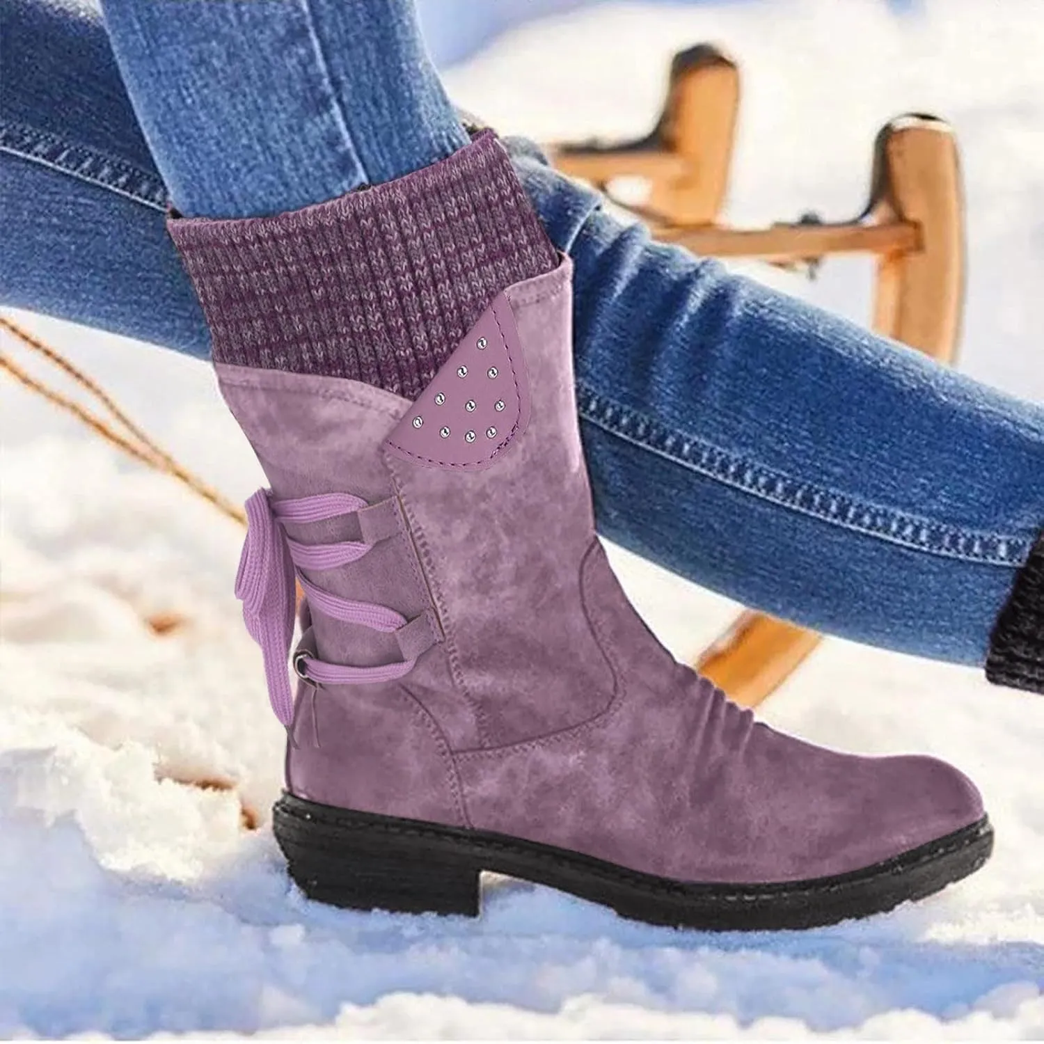Snow Boots for Women Mid Calf Boots for Women Women Fashion Casual Vintage Retro Lace Up Thick Block Heels Shoes