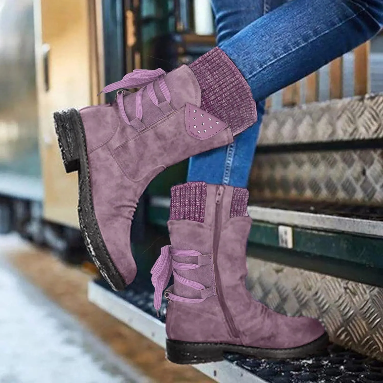 Snow Boots for Women Mid Calf Boots for Women Women Fashion Casual Vintage Retro Lace Up Thick Block Heels Shoes