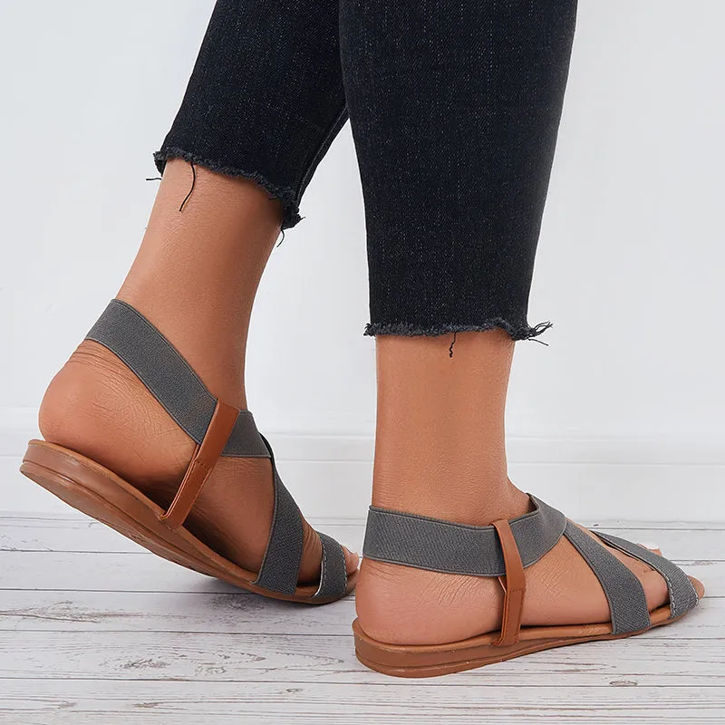 Sohiwoo  Women Wide Elastic Ankle Strap Sandals Criss Cross Flat Sandals
