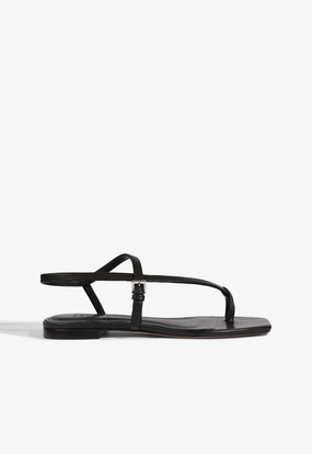 Lisa Black Leather Flat Sandal hook and loop closure