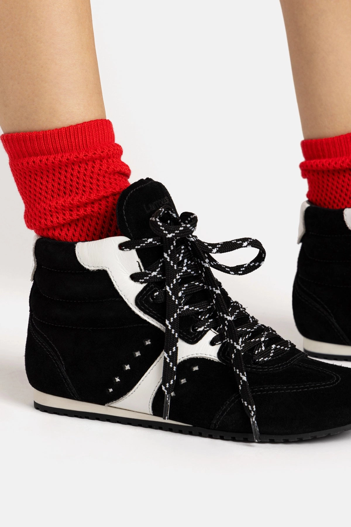 Dinner Out Stella Mid Sneaker In Black Suede and White Leather