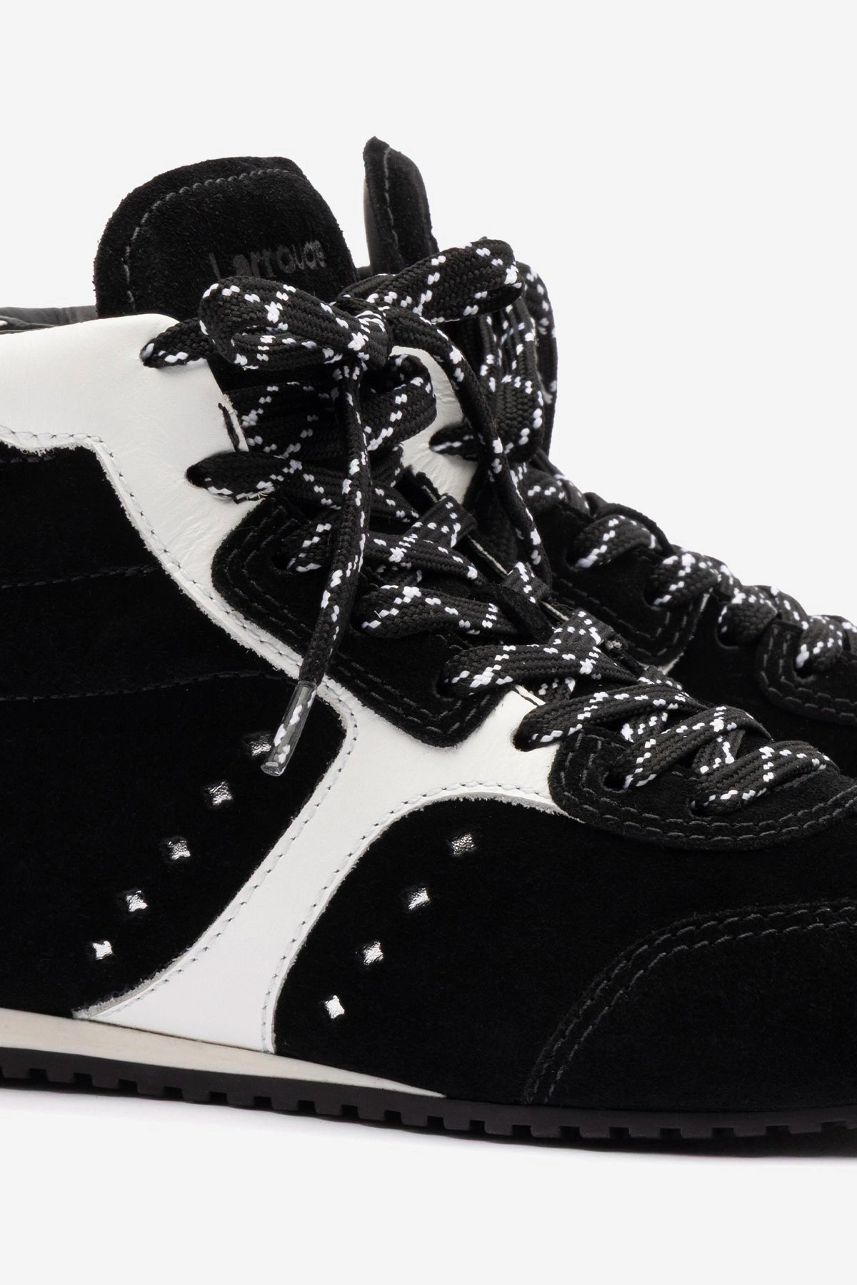 Stella Mid Sneaker In Black Suede and White Leather Shop Walk
