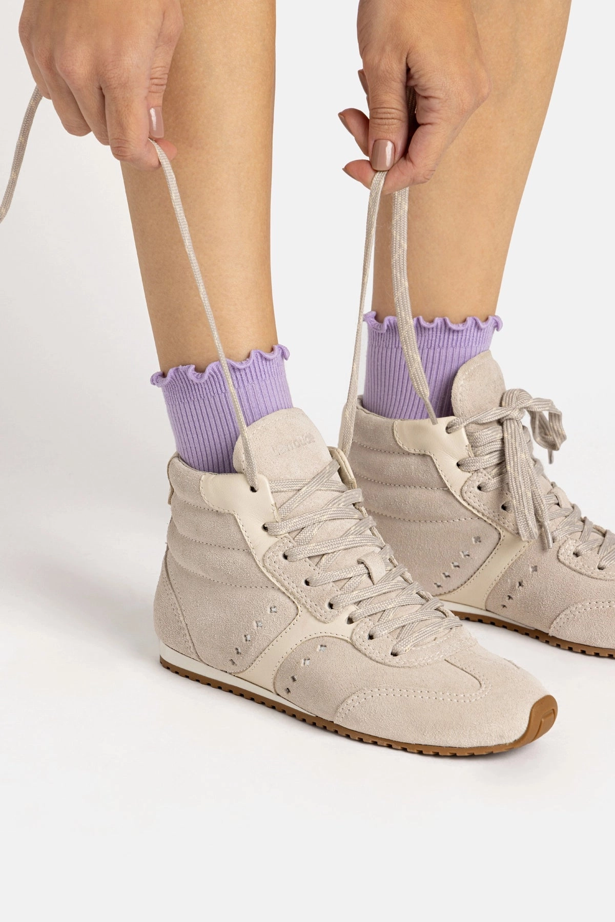 Easy Fit Flats Stella Mid Sneaker In Mushroom Grey Suede and Ivory Leather