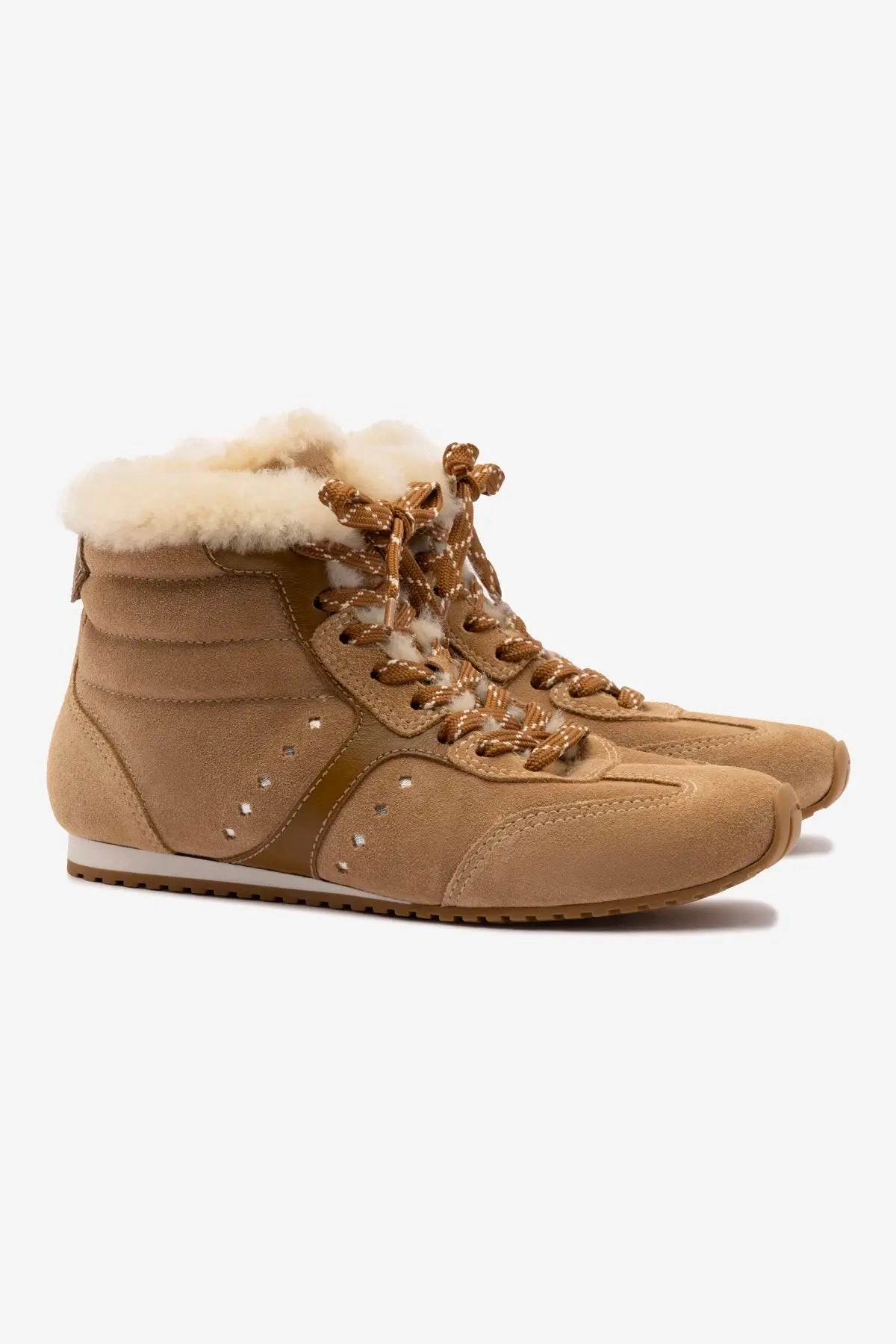 Ultimate Comfort Stella Mid Sneaker In Peanut Suede And Natural Shearling