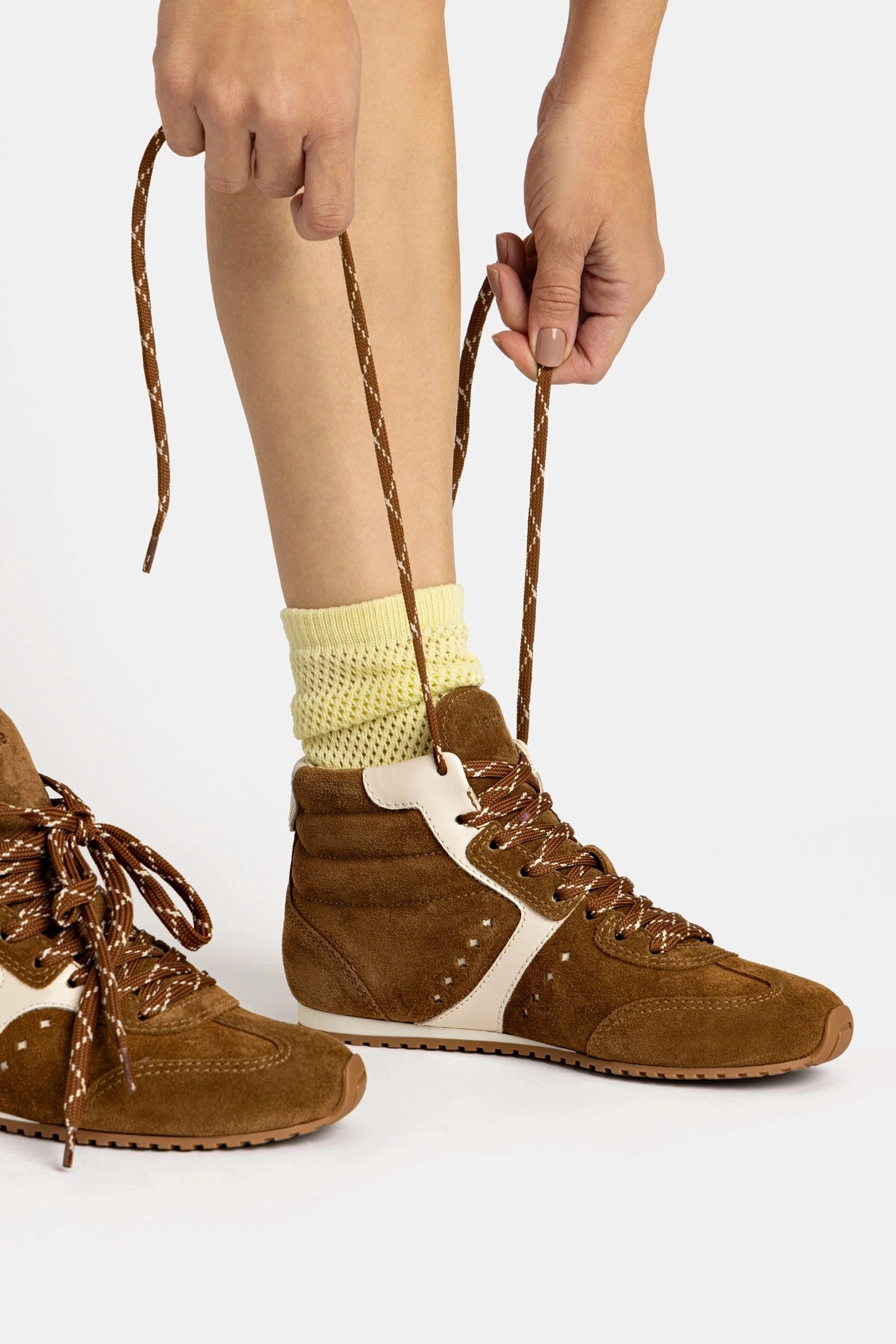 Versatile Sole Stella Mid Sneaker In Russet Suede and Ivory Leather