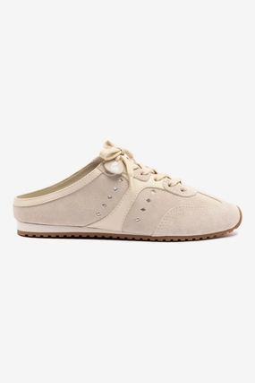 Stella Mule In Mushroom Grey Suede and Ivory Leather Stylish Sole