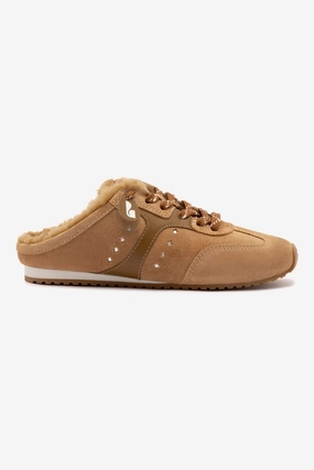 Library Mood Stella Mule In Peanut Suede And Natural Shearling