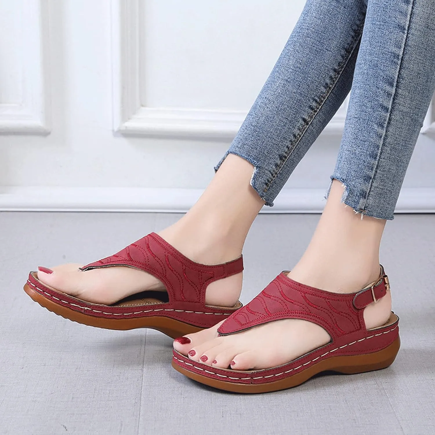 Summer Adjustable Anti-Slip Platforms Orthotic Wedge Sandals,Leather Orthopedic Arch Support Sandals
