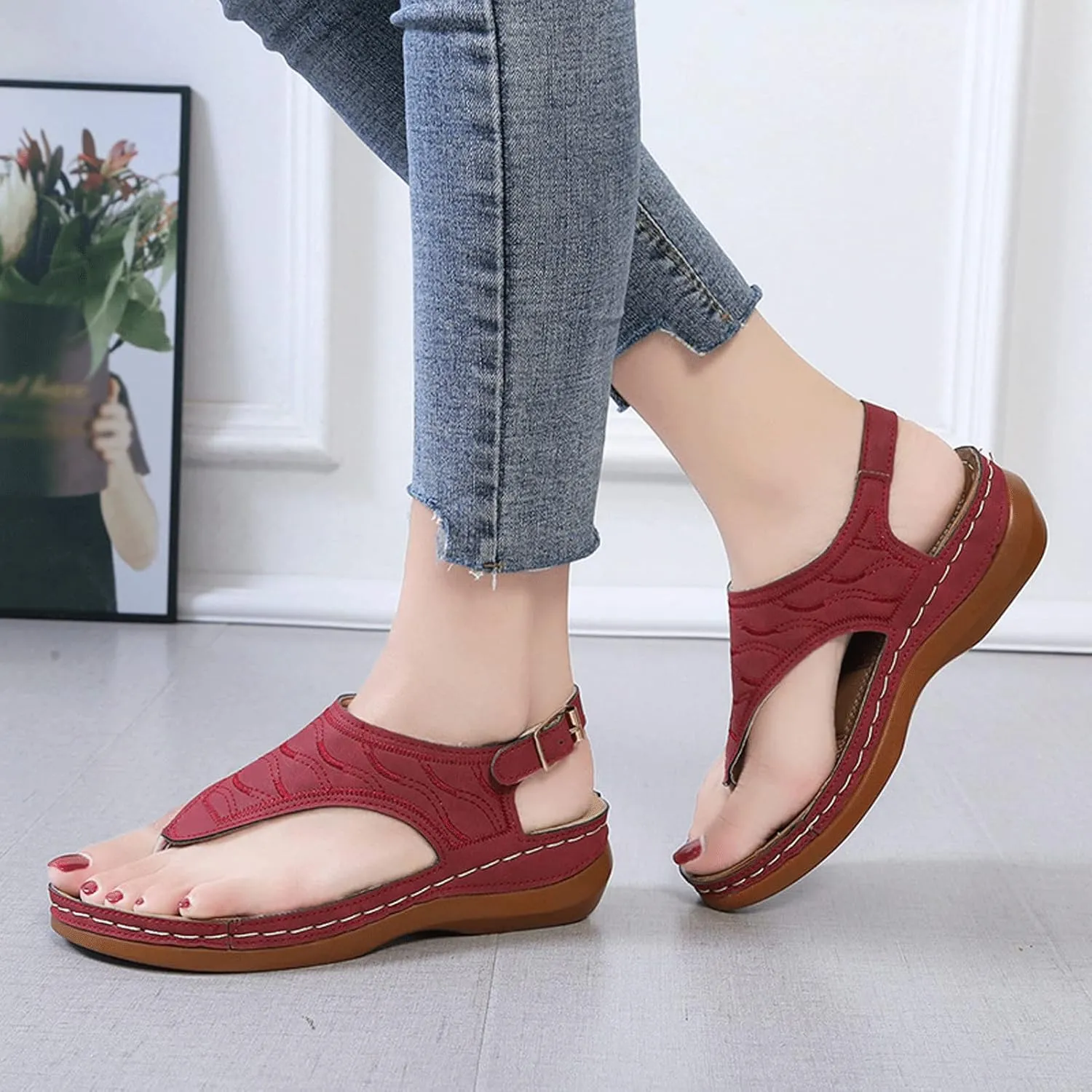 Summer Adjustable Anti-Slip Platforms Orthotic Wedge Sandals,Leather Orthopedic Arch Support Sandals