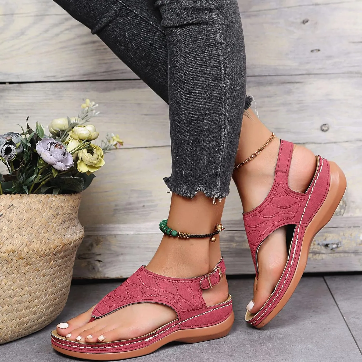 Summer Adjustable Anti-Slip Platforms Orthotic Wedge Sandals,Leather Orthopedic Arch Support Sandals