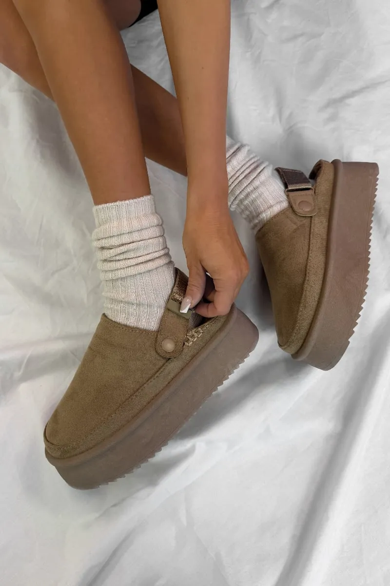 SUMMER Suede Ankle Strap Outdoor Chunky Slippers - Taupe