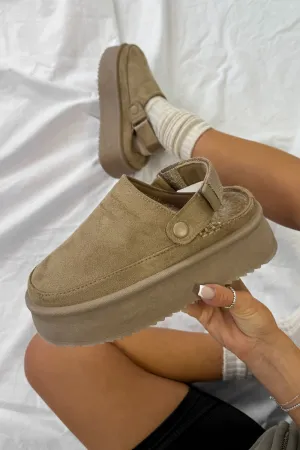 SUMMER Suede Ankle Strap Outdoor Chunky Slippers - Taupe