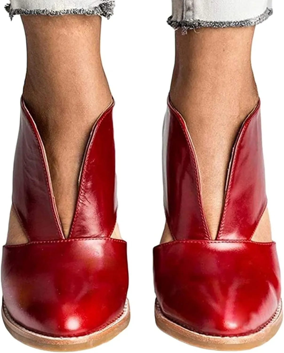 Temperament Shoes for Women Stacked Heel Cut Out Pointed Toe Sandals Faux Leather Shoes Elegant Ultra Go Sandals Women