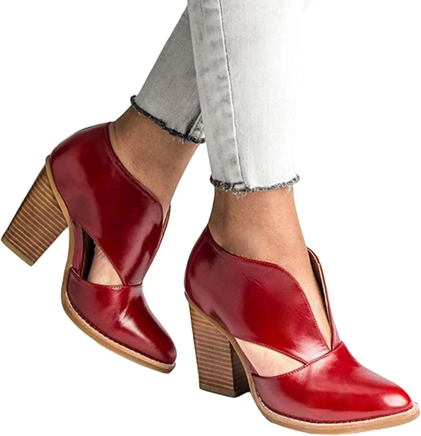 Temperament Shoes for Women Stacked Heel Cut Out Pointed Toe Sandals Faux Leather Shoes Elegant Ultra Go Sandals Women