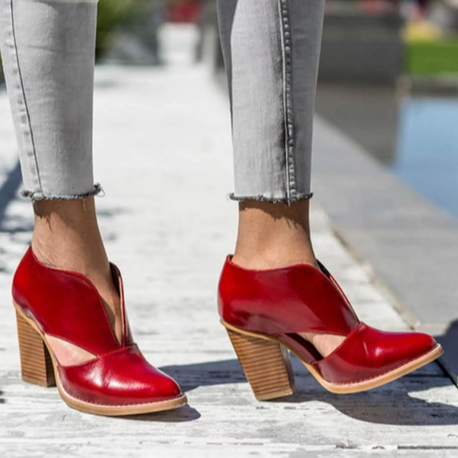 Temperament Shoes for Women Stacked Heel Cut Out Pointed Toe Sandals Faux Leather Shoes Elegant Ultra Go Sandals Women
