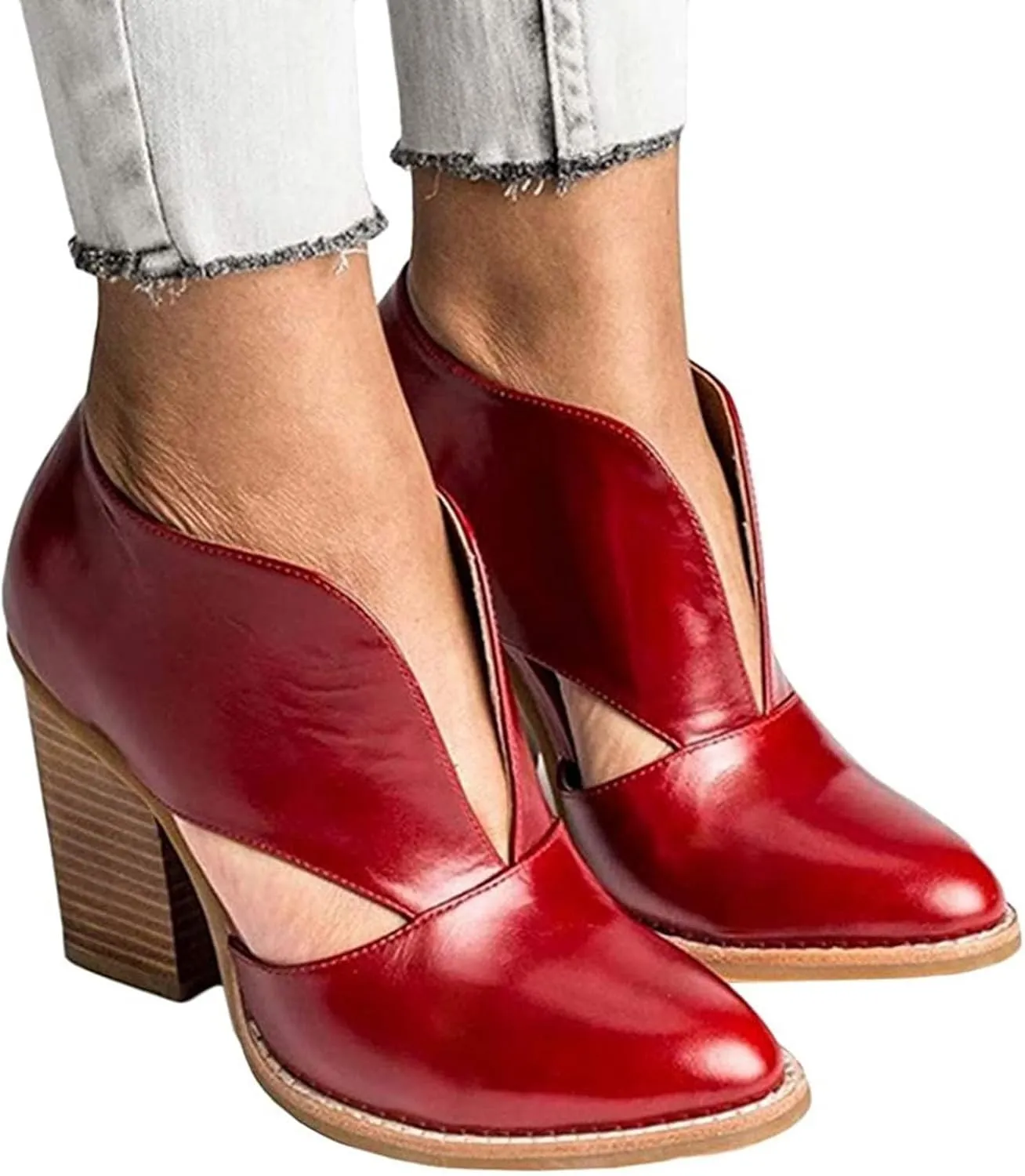Temperament Shoes for Women Stacked Heel Cut Out Pointed Toe Sandals Faux Leather Shoes Elegant Ultra Go Sandals Women