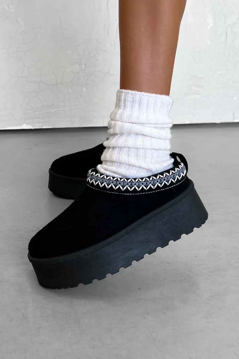 TESSA Suede Embroidered Chunky Slippers - Black