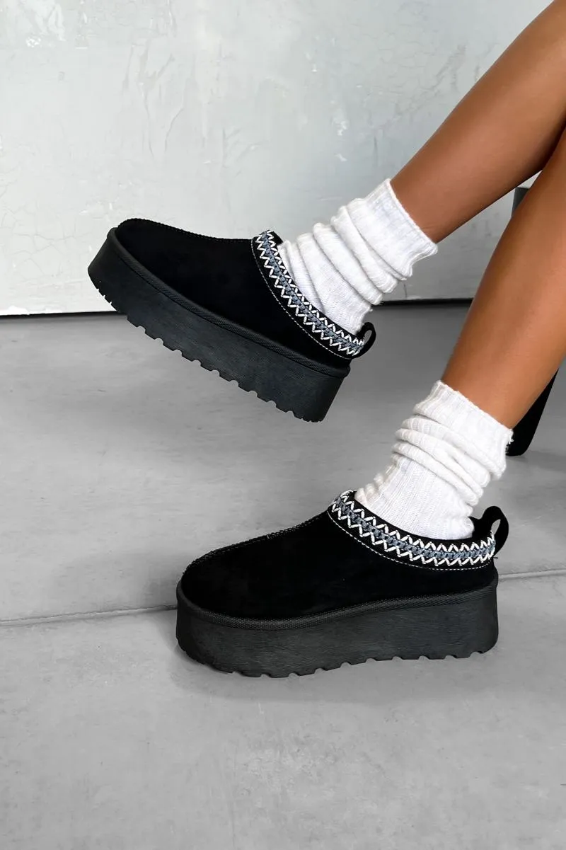 TESSA Suede Embroidered Chunky Slippers - Black