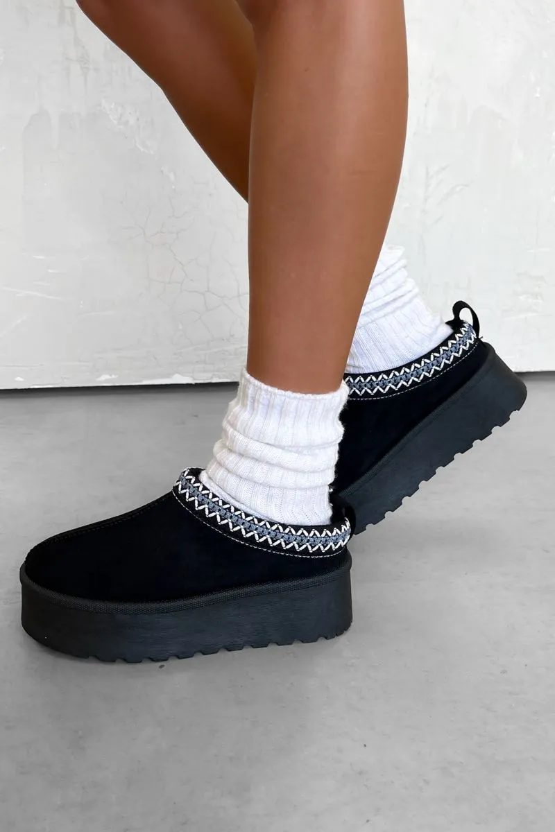 TESSA Suede Embroidered Chunky Slippers - Black