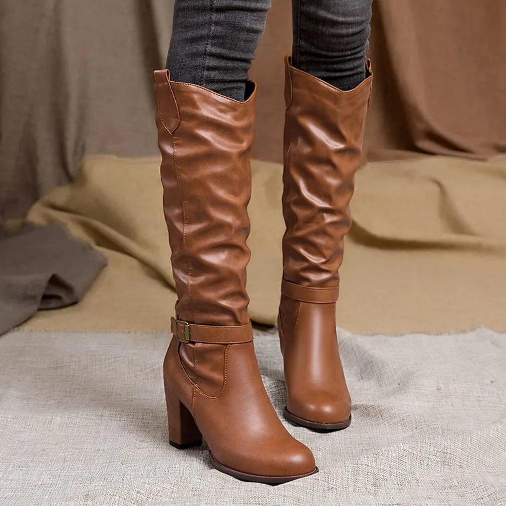 Tillbuy Pleated Knee High Boots
