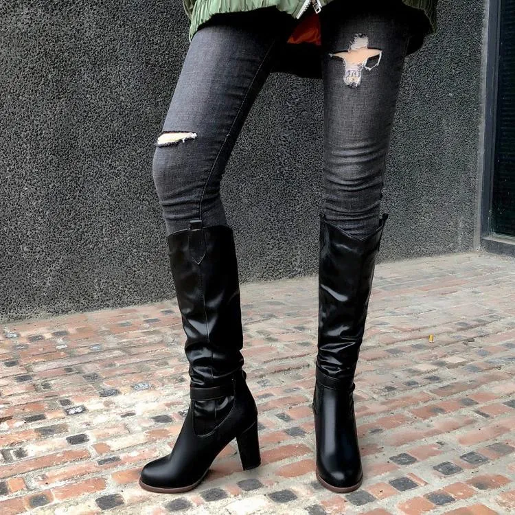 Tillbuy Pleated Knee High Boots