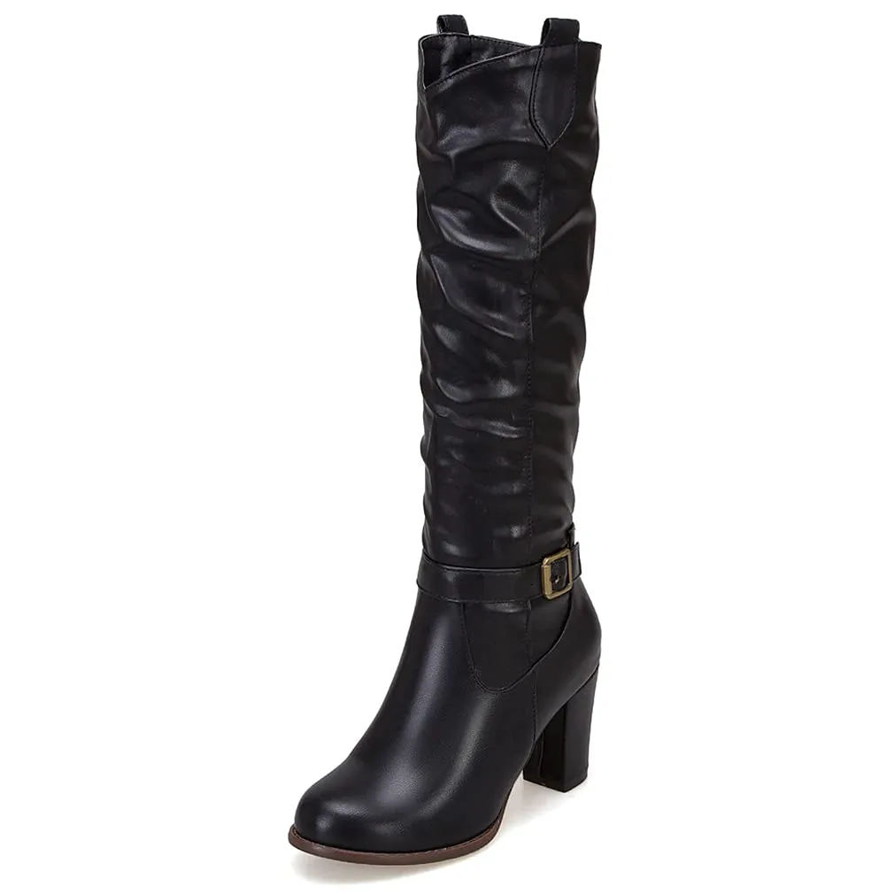 Tillbuy Pleated Knee High Boots