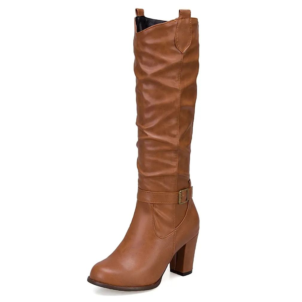 Tillbuy Pleated Knee High Boots