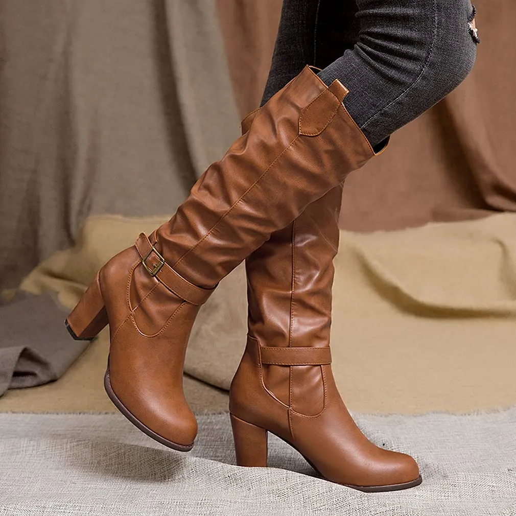 Tillbuy Pleated Knee High Boots