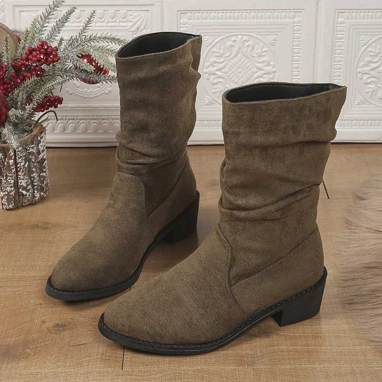 Tillbuy Pleated Mid-Calf Boots