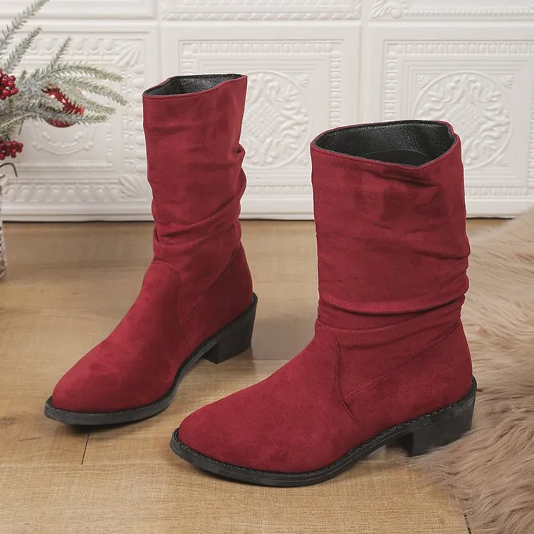 Tillbuy Pleated Mid-Calf Boots