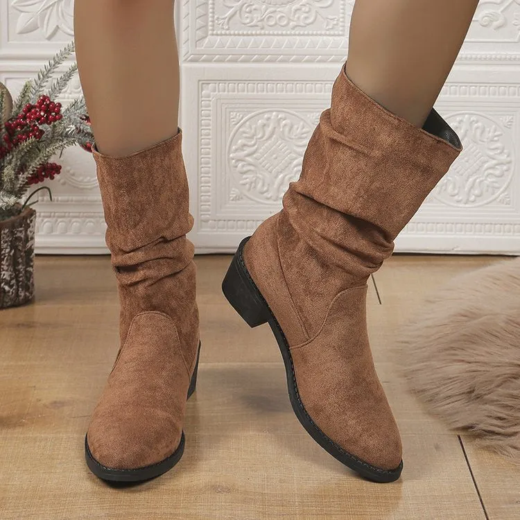 Tillbuy Pleated Mid-Calf Boots
