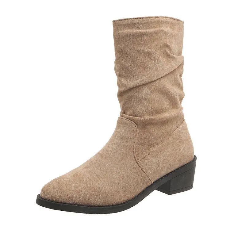 Tillbuy Pleated Mid-Calf Boots