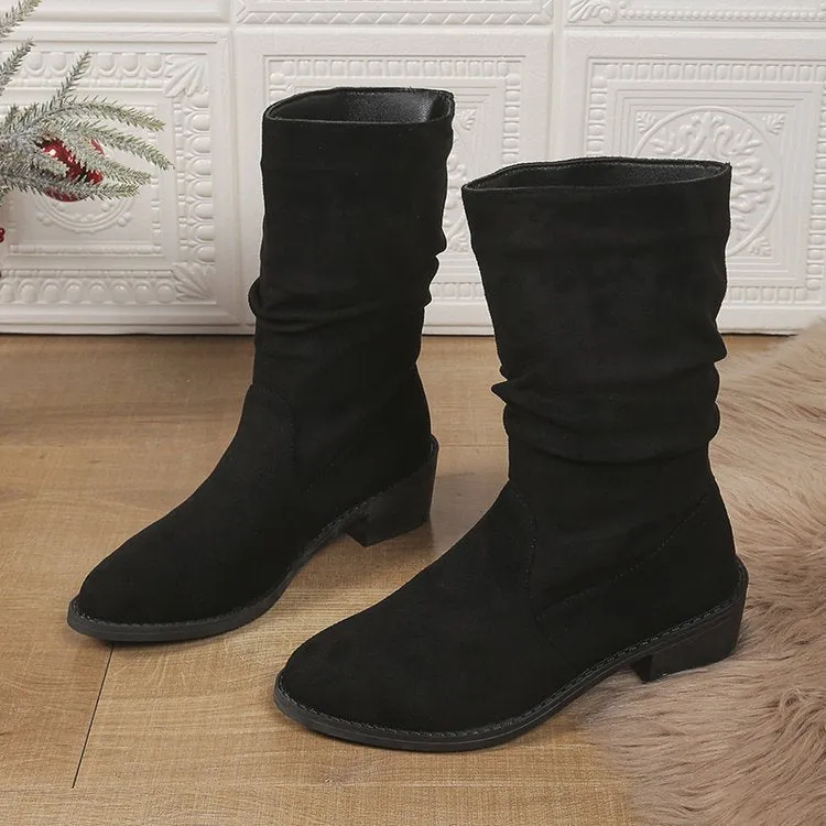 Tillbuy Pleated Mid-Calf Boots