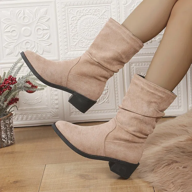 Tillbuy Pleated Mid-Calf Boots