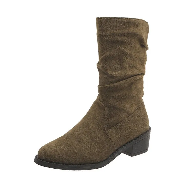 Tillbuy Pleated Mid-Calf Boots