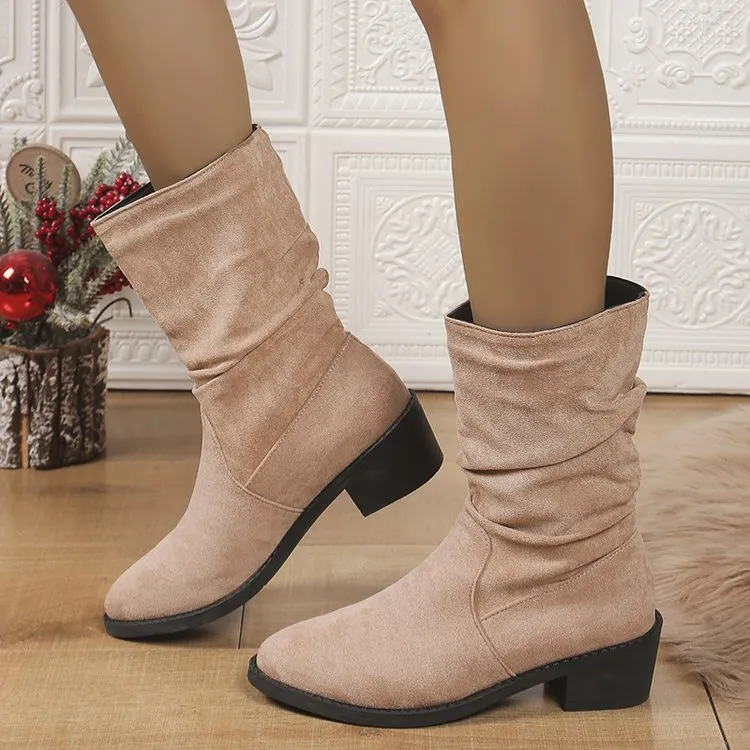 Tillbuy Pleated Mid-Calf Boots