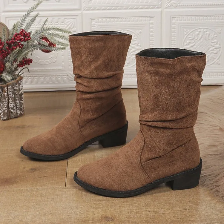 Tillbuy Pleated Mid-Calf Boots