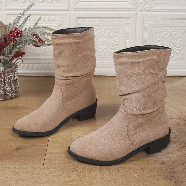 Tillbuy Pleated Mid-Calf Boots