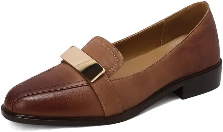 TinaCus Round Toe Genuine Leather Handmade Low Chunky Heels Women's Casual Loafers Shoes