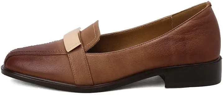 TinaCus Round Toe Genuine Leather Handmade Low Chunky Heels Women's Casual Loafers Shoes