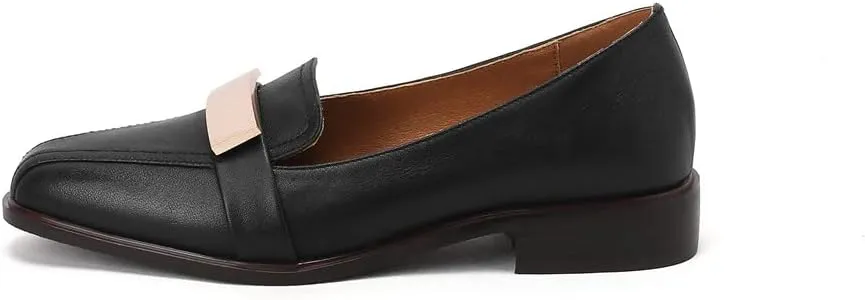 TinaCus Round Toe Genuine Leather Handmade Low Chunky Heels Women's Casual Loafers Shoes