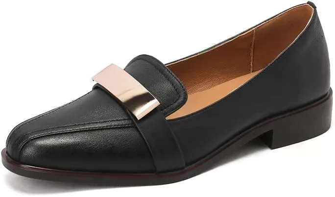 TinaCus Round Toe Genuine Leather Handmade Low Chunky Heels Women's Casual Loafers Shoes