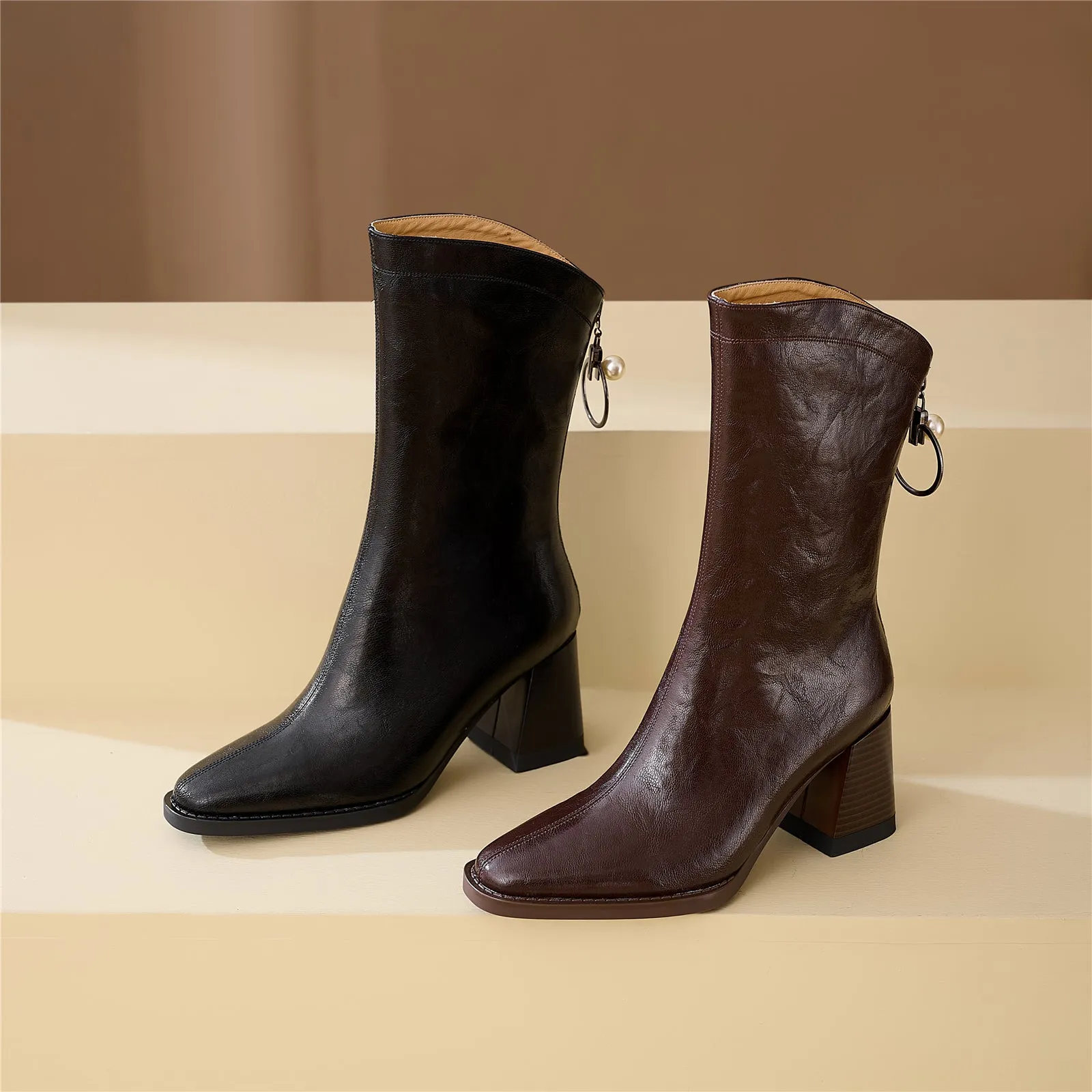 TinaCus Women's Genuine Leather Handmade Block Heel Pearl Back Zip Mid Calf Boots