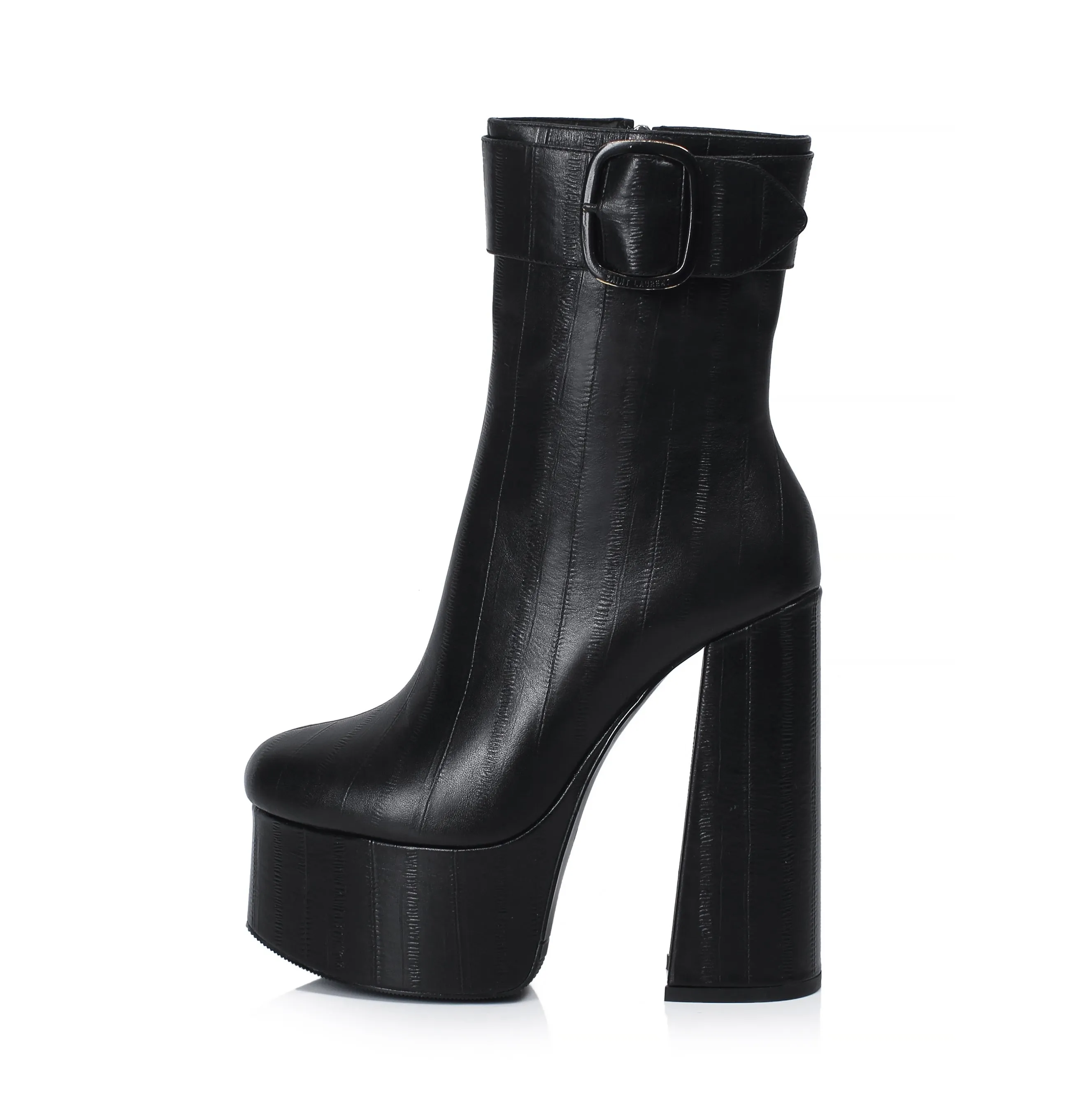 TinaCus Women's Handmade Genuine Leather Round Toe Side Zip Up Sexy Supper High Chunky Heel Cool Buckle Black Calf High Boots with Platform