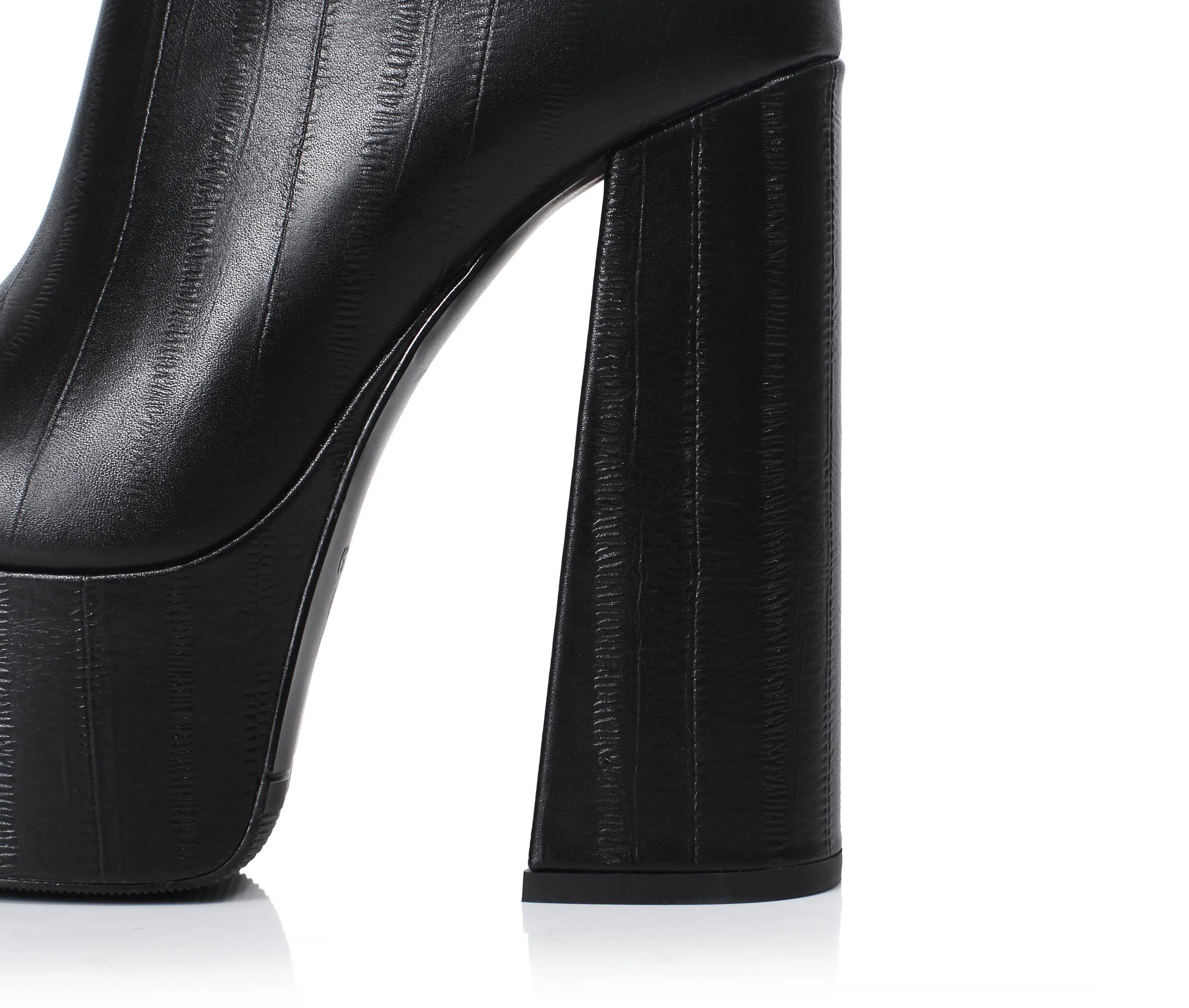 TinaCus Women's Handmade Genuine Leather Round Toe Side Zip Up Sexy Supper High Chunky Heel Cool Buckle Black Calf High Boots with Platform