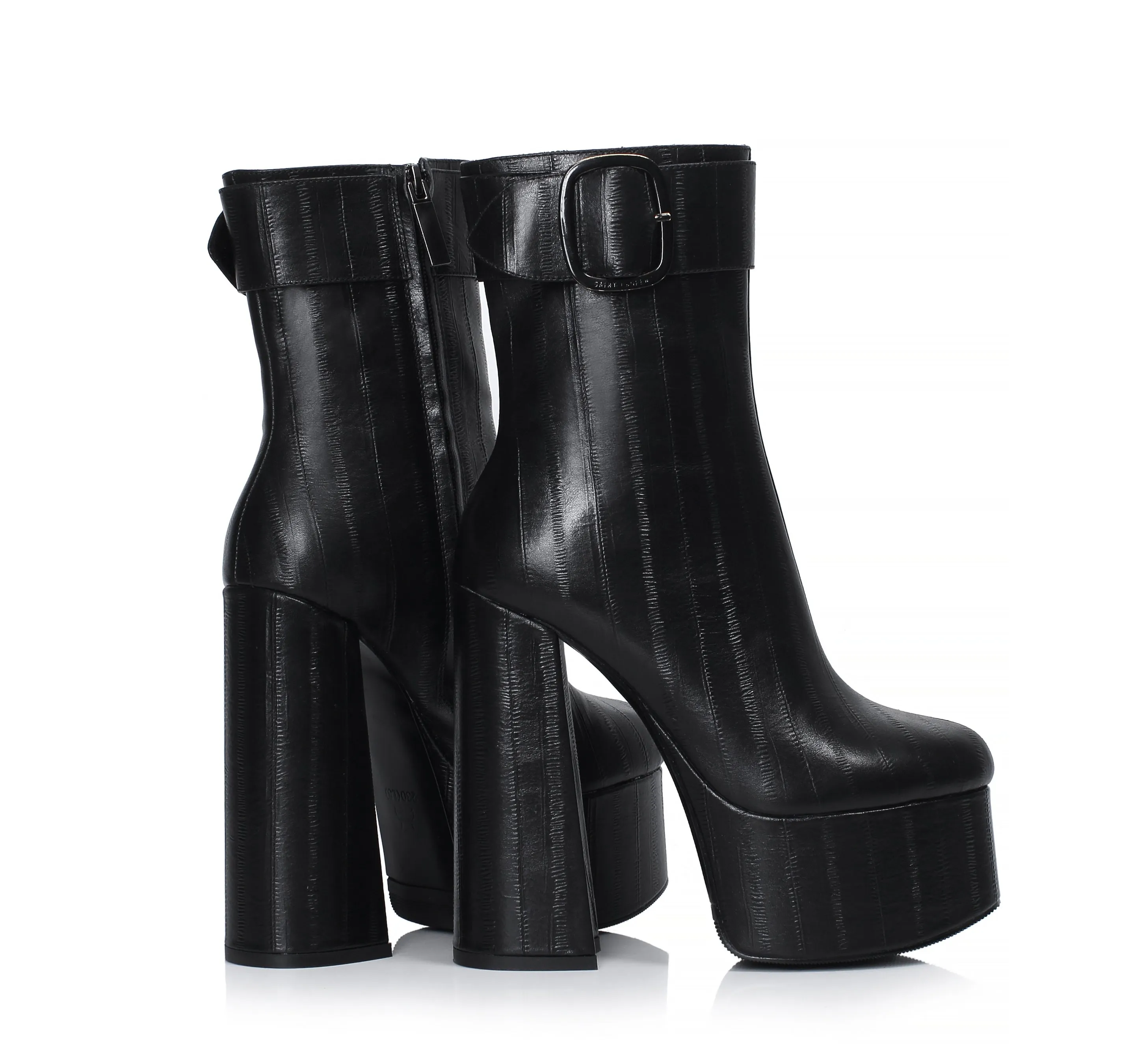 TinaCus Women's Handmade Genuine Leather Round Toe Side Zip Up Sexy Supper High Chunky Heel Cool Buckle Black Calf High Boots with Platform