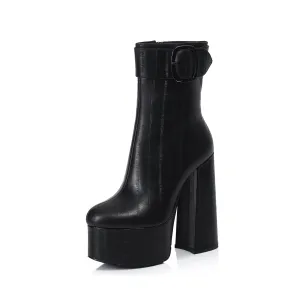 TinaCus Women's Handmade Genuine Leather Round Toe Side Zip Up Sexy Supper High Chunky Heel Cool Buckle Black Calf High Boots with Platform