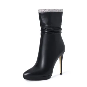 TinaCus Women's Handmade Leather Spikes-Stiletto High Heel Platform Pointed Toe Side Zip Up Glitter Mid-Calf Boots